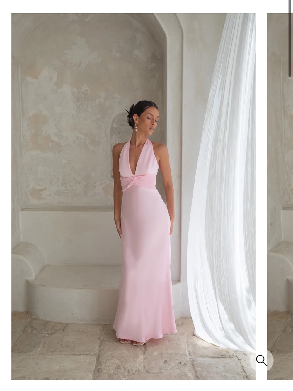 Long Pink Halter Maxi Dress with Deep V